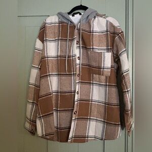 Cozy Tan Plaid Fleece Lined Flannel Jacket with Hood Large